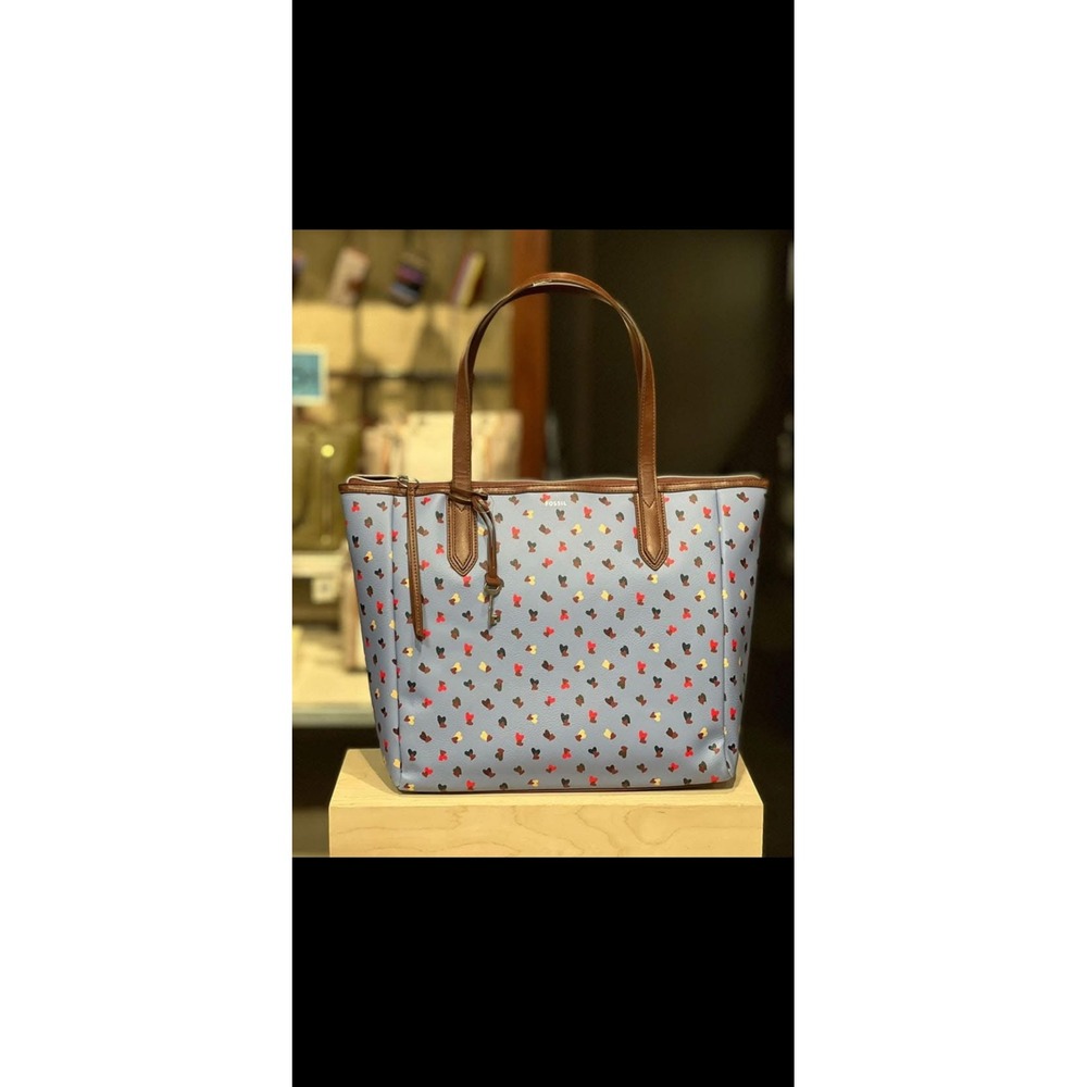 Fossil Heart Print Tote Bag Blue Brown Leather Trim Key Charm - Picture 6 of 7